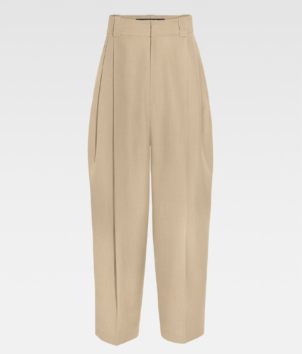 Curved pleated pants.